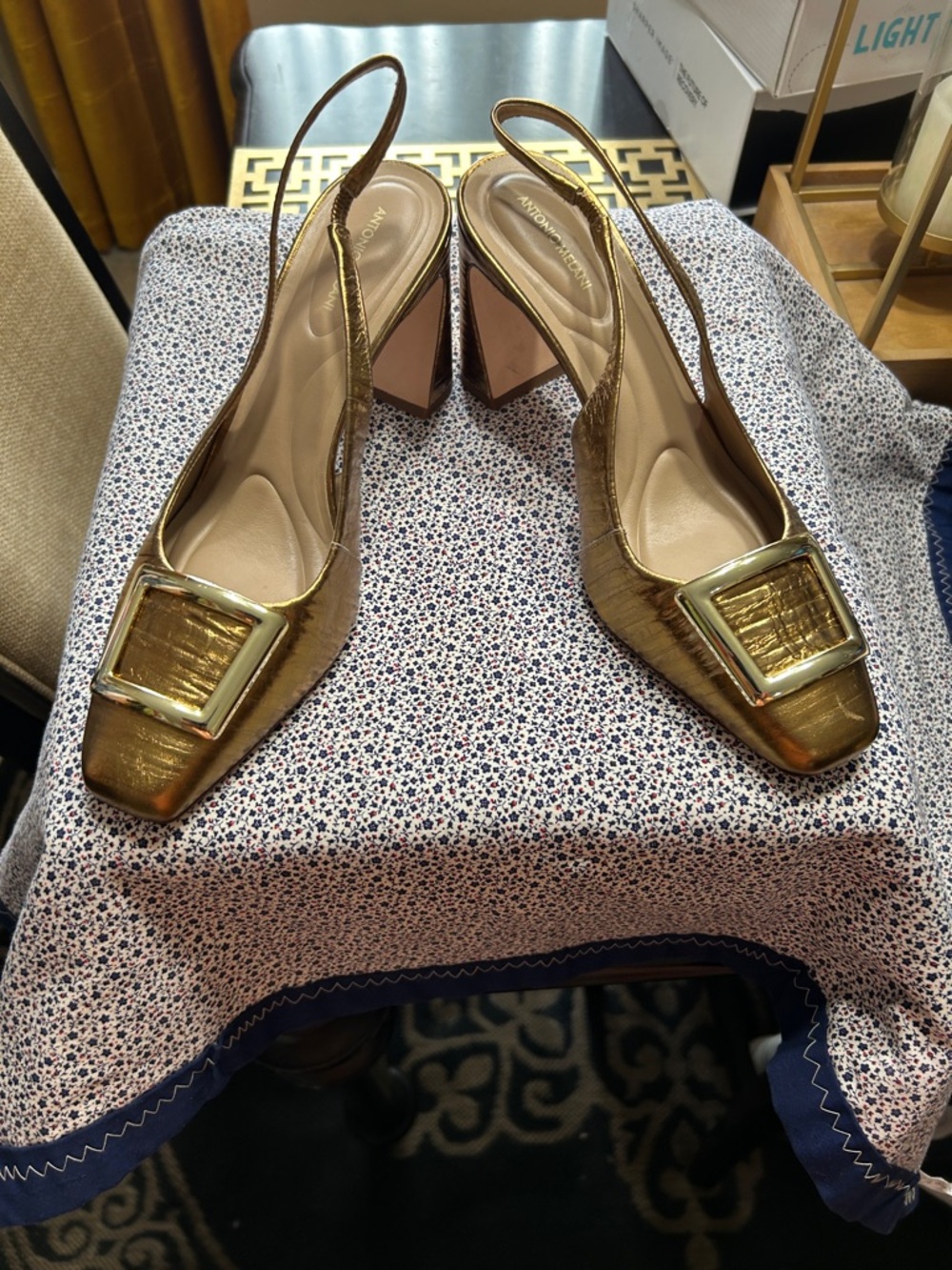 Antonio Melani Metallic Gold Slingback Block Heel with Statement Buckle